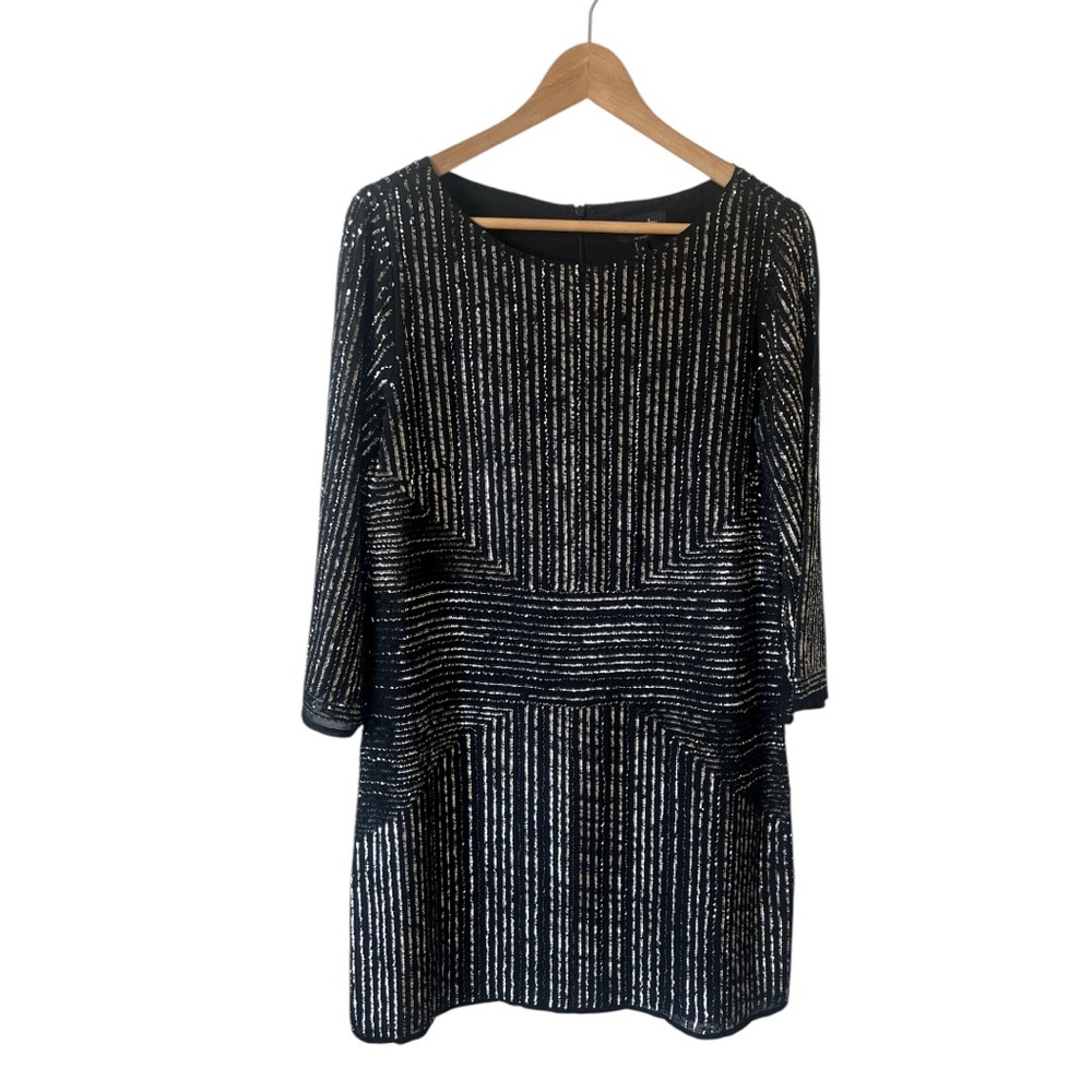 SOLD - Laundry by Shelli Segal Black Silver Sequin Round Neck Mini Dress Size 6 - Picture 2 of 10